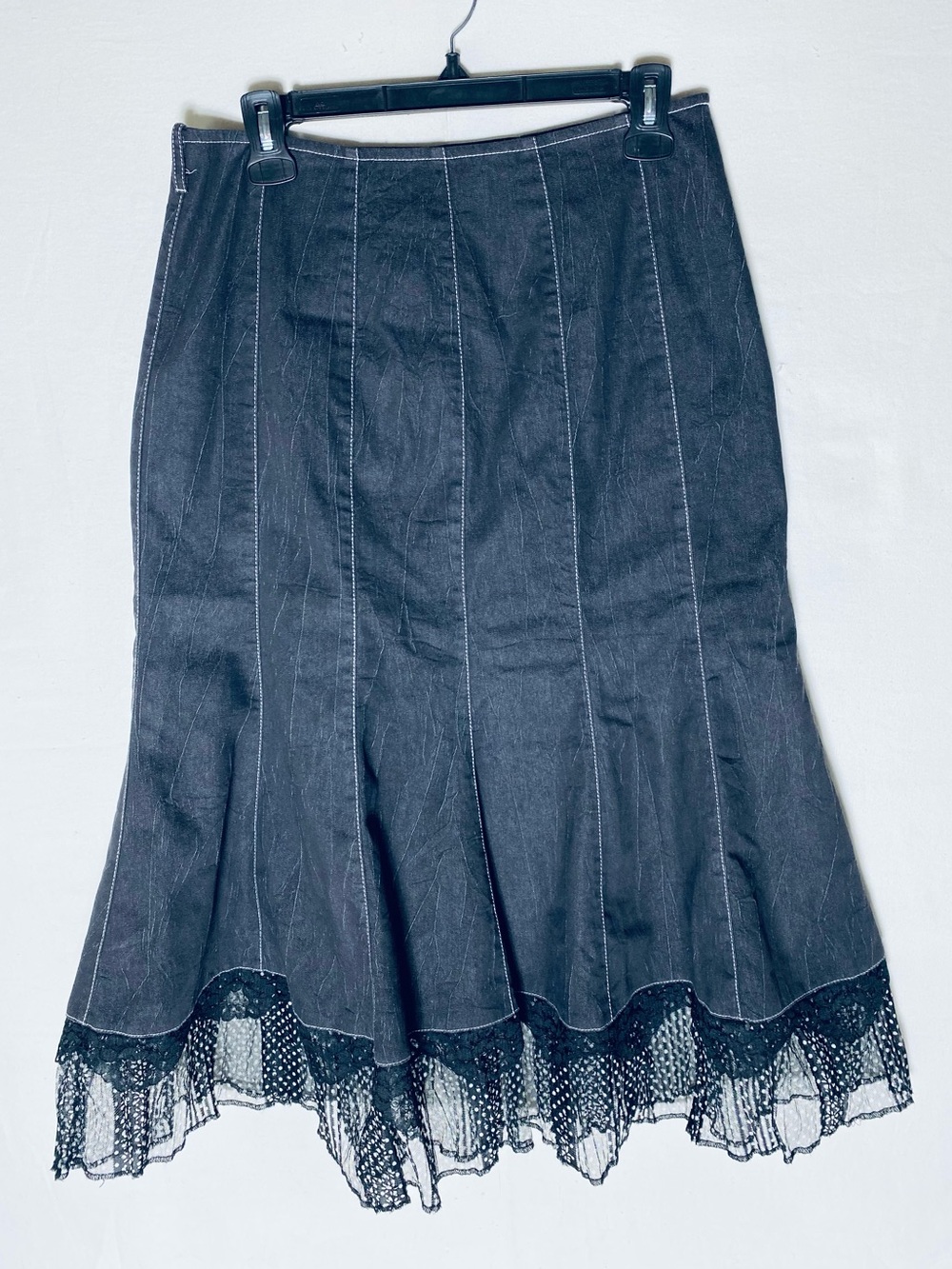 Vintage Y2K Black Mermaid Midi Skirt Contrast Stitch Mesh Trim Whimsigoth Grunge